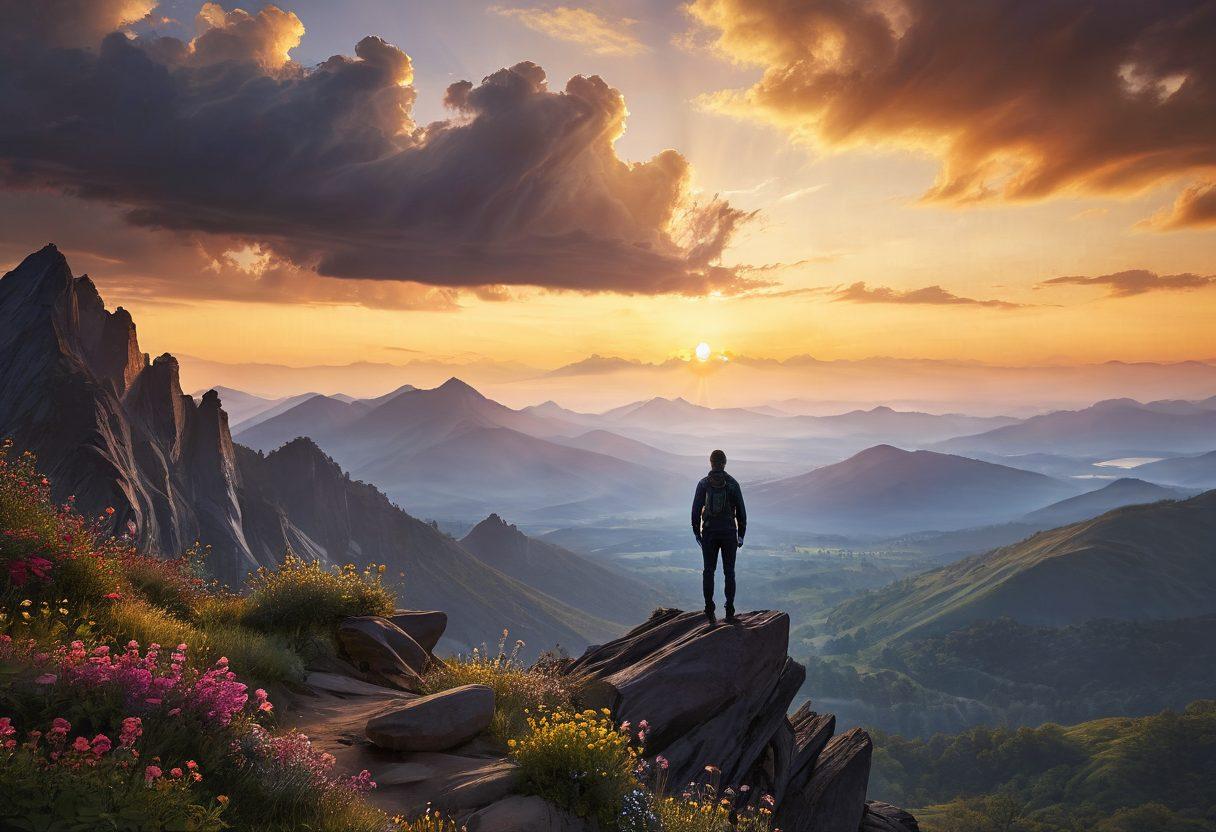 A serene and uplifting scene depicting a silhouette of a person standing on a mountain peak at sunrise, symbolizing hope and support. The sky is illuminated with warm, golden tones, while rays of light break through dark clouds, representing guidance and resources. Include subtle elements of nature, like blooming flowers and gentle streams, to convey growth and healing. Style: super-realistic, vibrant colors, ethereal lighting.