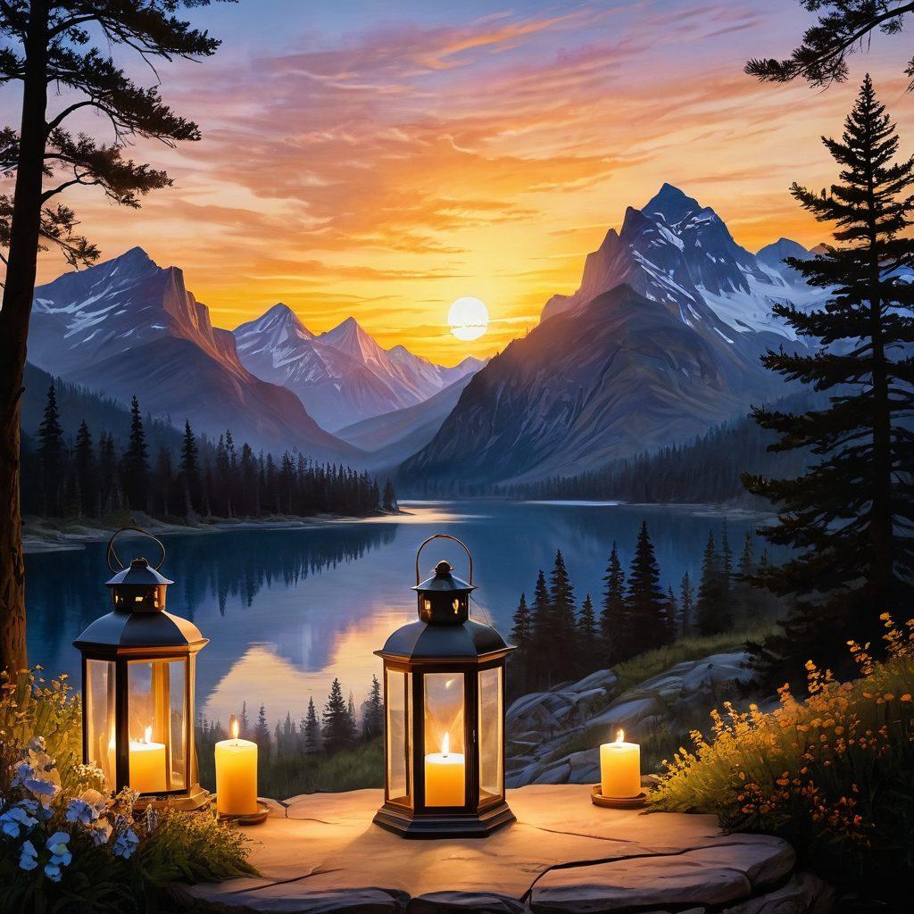 A serene scene depicting a glowing lantern surrounded by softly lit candles, symbolizing hope and guidance. In the background, silhouette images of mountains and a quaint LDS meetinghouse, illuminated by a warm sunset. Ethereal light beams radiate from the lantern, suggesting a path to mental health resources. Inviting and calming color palette emphasizing blues and golds. painting. warm tones.