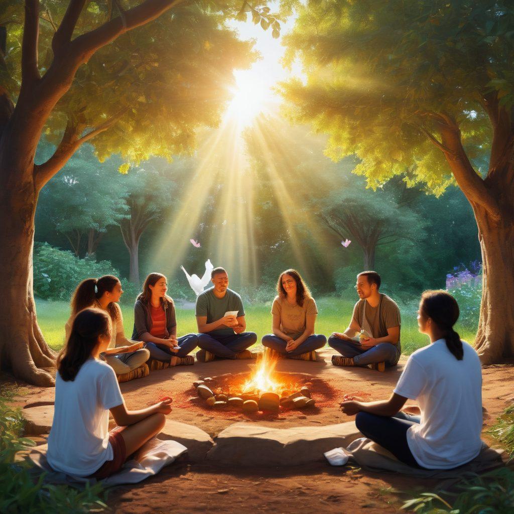 A diverse group of people engaged in a supportive community circle, surrounded by nature, sharing resources and ideas. In the background, uplifting posters about mental health and community activities are visible. Soft sunlight filters through the trees, enhancing a warm and inviting atmosphere. Include symbols of hope like doves and hearts to represent alleviation of depression. painting. vibrant colors.